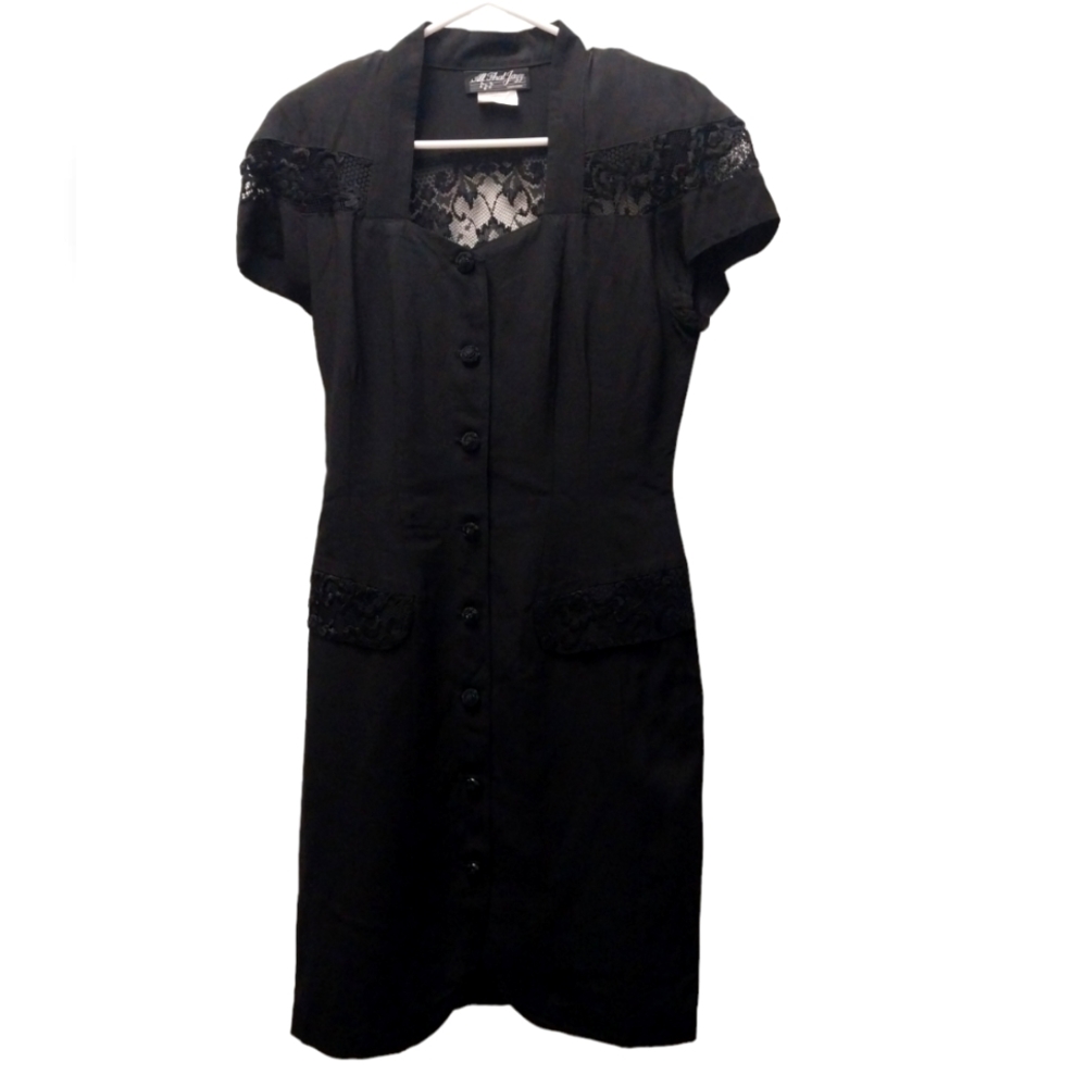 Vintage All that jazz botton up midi shortleeve Dress sz small in Black